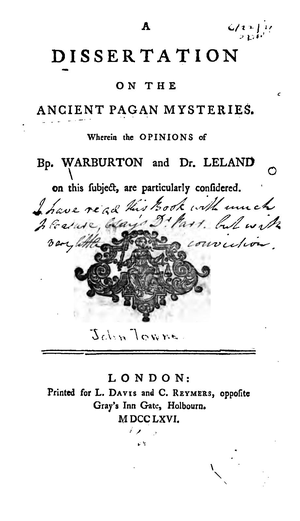 A Dissertation On The Ancient Pagan Mysteries   J Towne 1766 cover image.