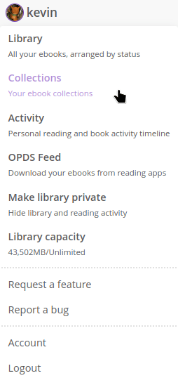  User menu with a new Collections menu item.